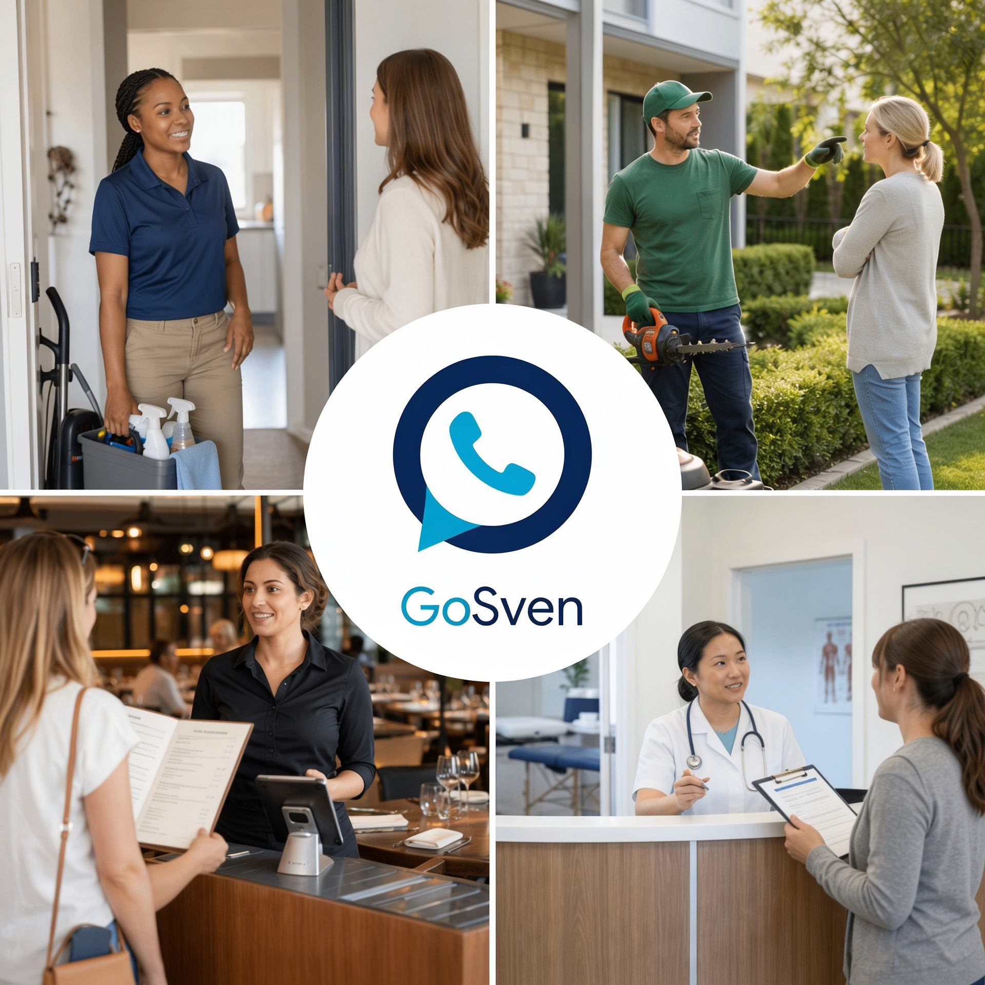 Four service businesses GoSven supports: a cleaning professional, a restaurant host, a landscaper, and a clinic receptionist