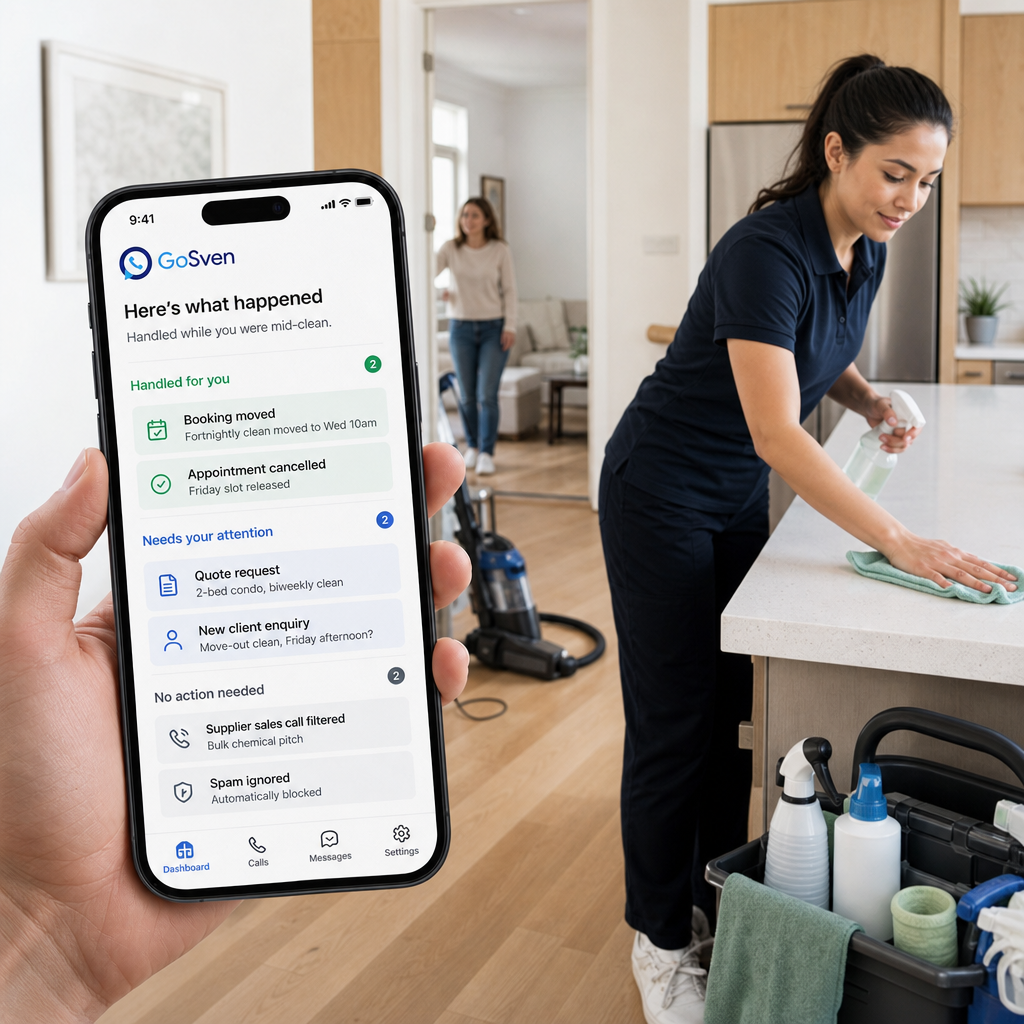 Cleaner wiping down a kitchen counter while a hand holds a phone showing the GoSven dashboard of booked, pending, and filtered calls