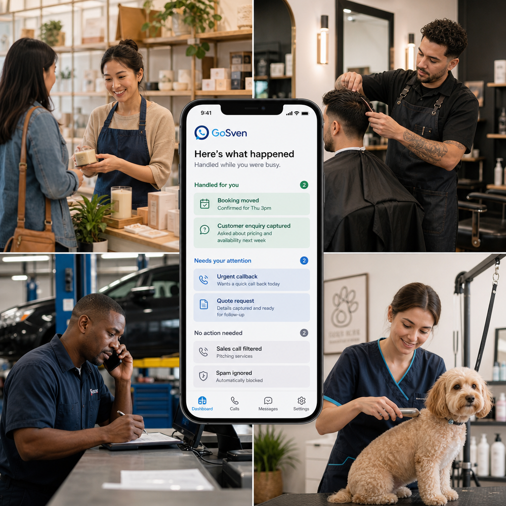 Four service business owners — retail, barber, mechanic, and pet groomer — surrounding a phone showing the GoSven dashboard of handled calls