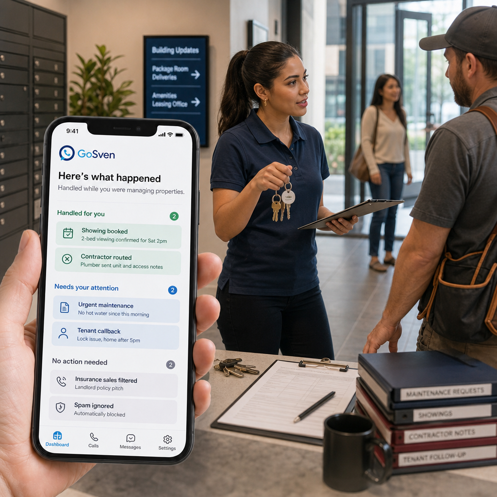 Property manager handing over keys to a contractor in a building lobby, with the GoSven dashboard on a phone in the foreground