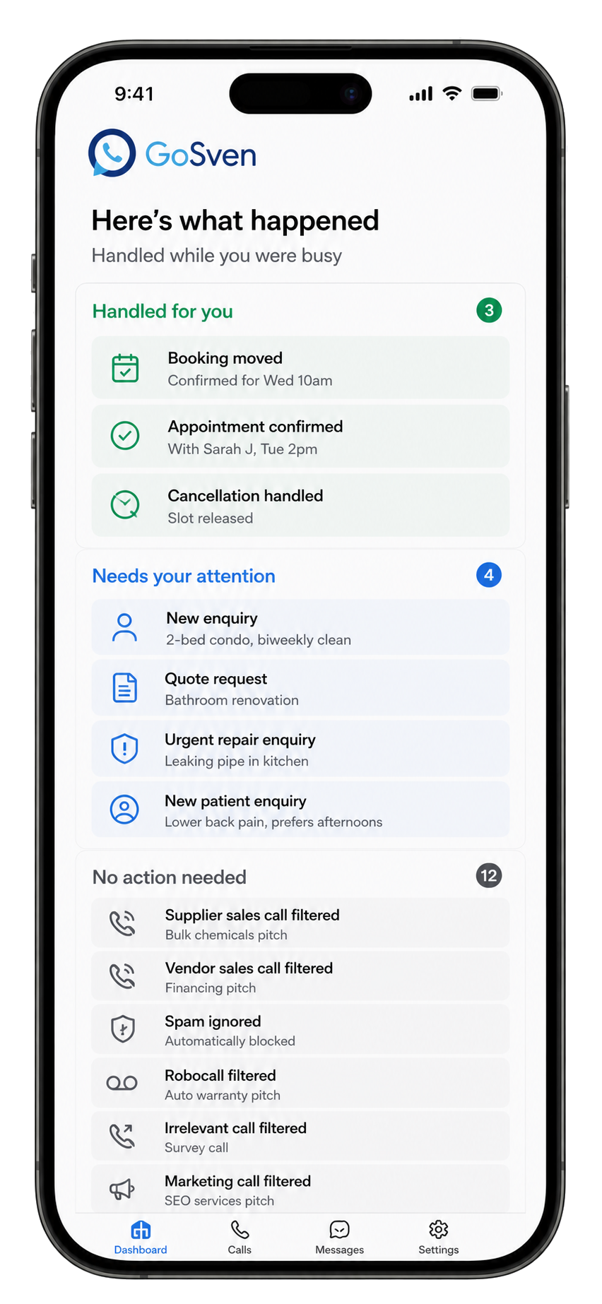 GoSven dashboard on a phone: Handled for you, Needs your attention, and No action needed.