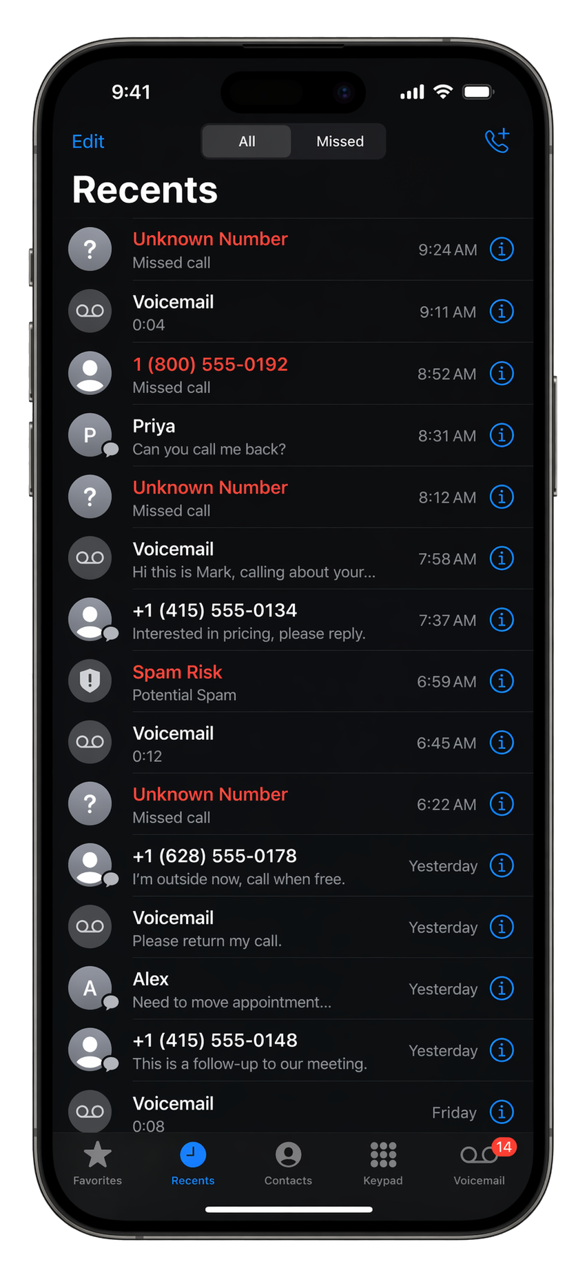 iPhone Recents screen: a wall of missed calls, unknown numbers, spam risk, and voicemails with no context.